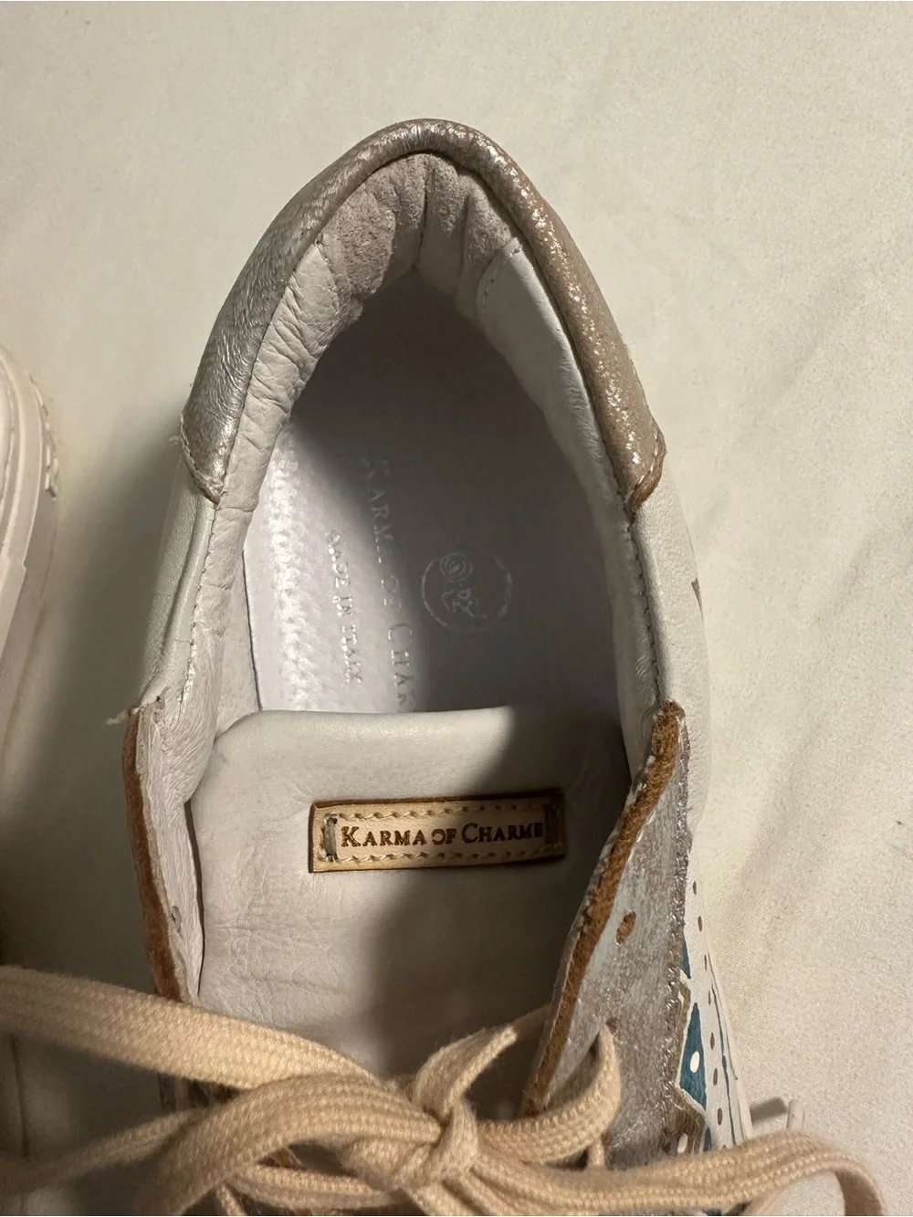 Karma of Charme Italian Leather Sneakers White Silver Blue Geometric Shoes EU 38